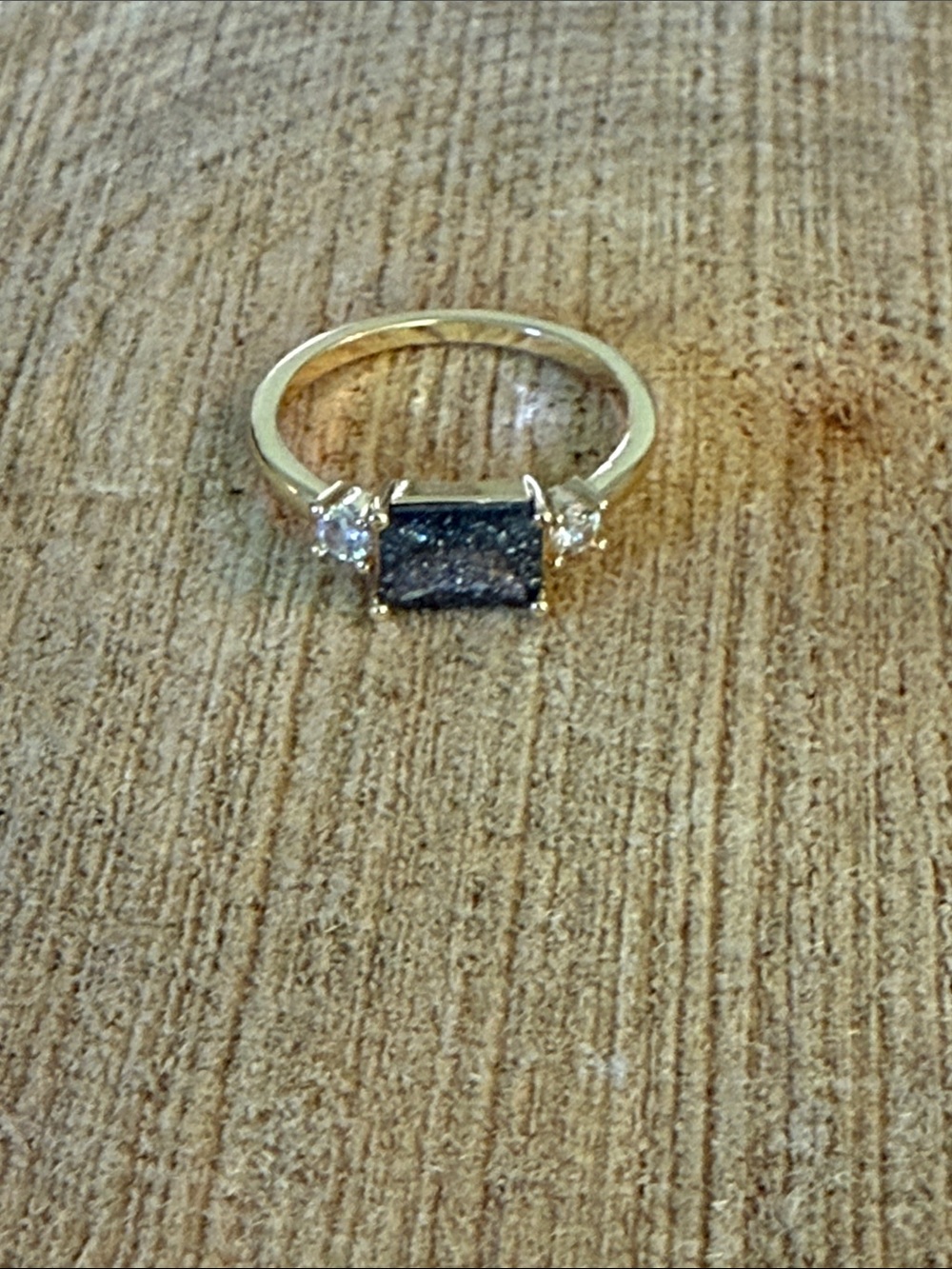 Gold Ring with Rectangular Black Druzy and Side Accents